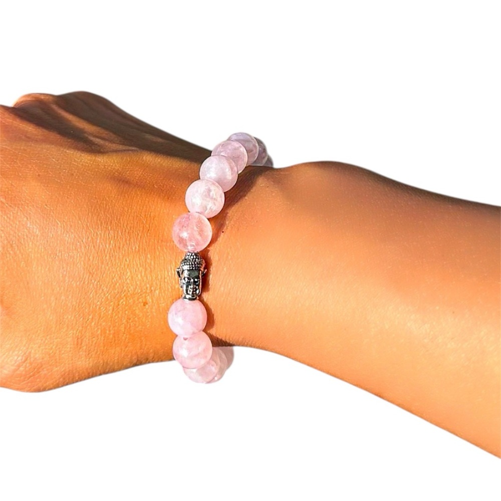 Pink Rose Quartz Stretch Beaded Bracelet with Silver Buddha Bohemian Festival